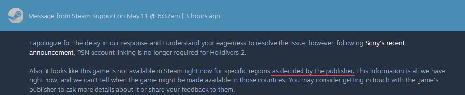 El propio soporte de Steam ha confirmado que la restricción de Helldivers 2 y Ghost of Tsushima en varios países, fue una decisión del publisher (PlayStation) y no de ellos como plataforma.