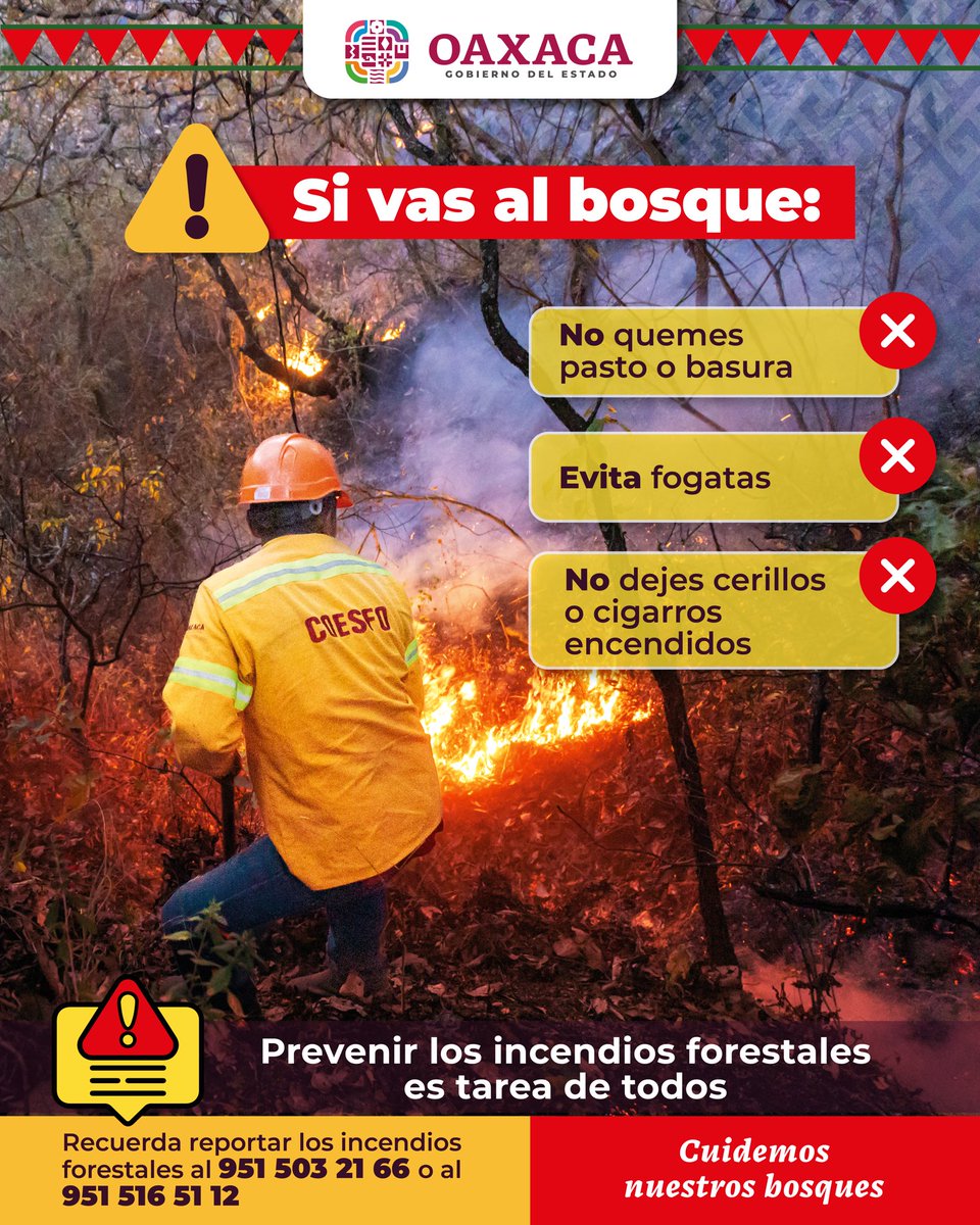 Cuidar nuestros bosques es responsabilidad de todas y todos, por eso, recuerda seguir las recomendaciones de la @COESFO_GobOax para prevenir incendios.