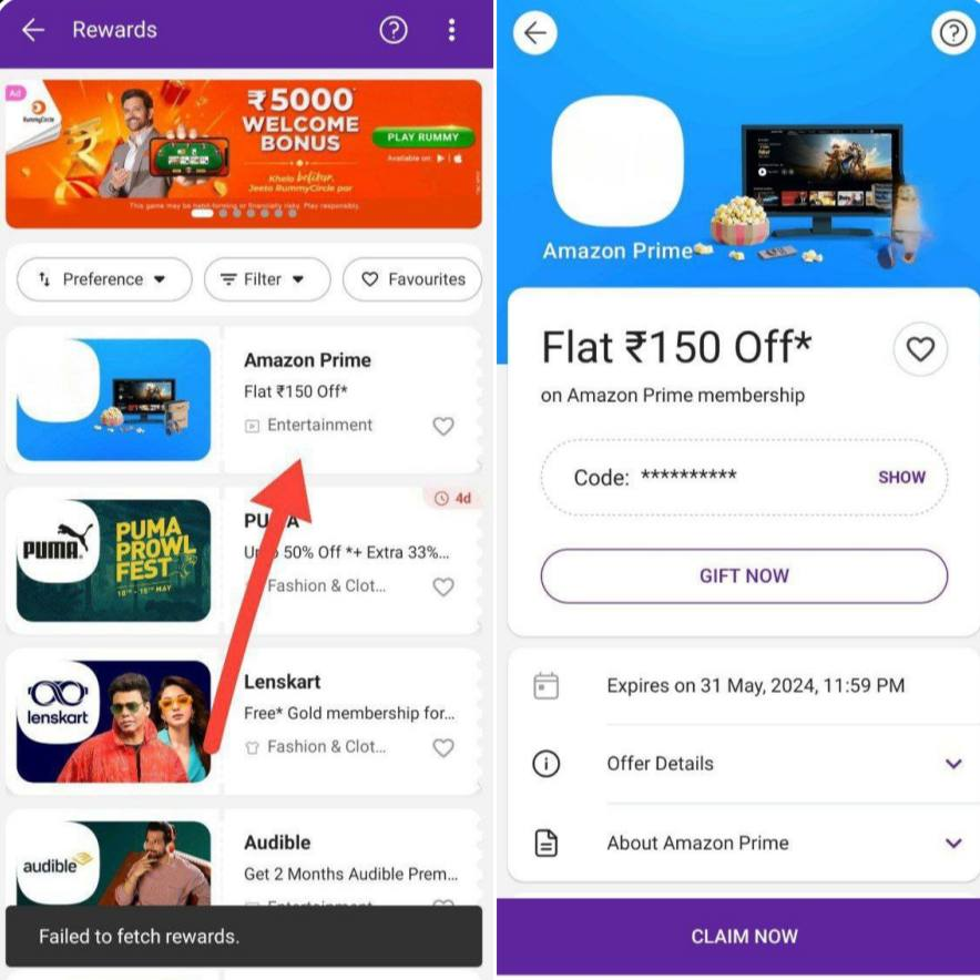 PhonePe : Get Free Rs.150 Amazon Prime Voucher. Open PhonePe > Reward > Check This Offer If Not Showing Then Send Money Through UPI You May Get It. Add the Voucher to your Amazon account and you can use it for discount on buying amazon prime membership. Try your luck!