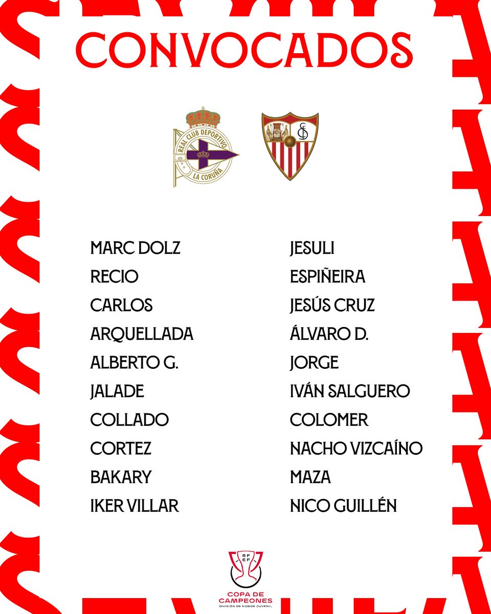 📋 Lista de 20 jugadores para el partido de ida de los cuartos de final de la Copa de Campeones en tierras gallegas ante el @DeporCanteira. #CanteraSevillaFC ⚪🔴