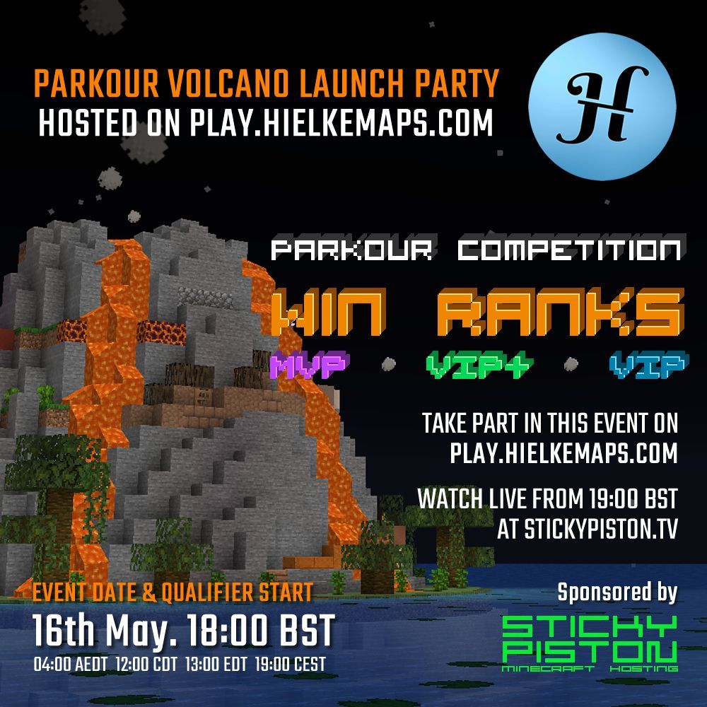 StickyPistonEU's tweet photo. PARKOUR + VOLCANO = PARTY 🎉 

We've partnered with @HielkeMaps to launch Parkour Volcano on #Minecraft!

📅 Thursday 16th May 2024
🏆 Qualifiers at 18:00 PM BST
📺 https://t.co/OSdSIgfqWm starts  18:50 PM BST

Server Ranks for 1st, 2nd, and 3rd place 👑

https://t.co/H0i1k5FYu5 https://t.co/V7s2gkTMfP