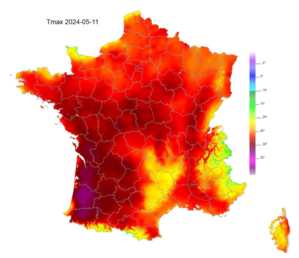 Températures max observées le dimanche 10 mai 2024.

Jusqu'à 31° dans les Landes, les Pyrénées Atlantique et la Gironde.