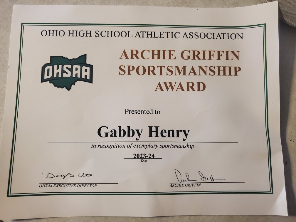 I am honored to have won this years Archie Griffin Sportsmanship award for Westfall High School. I am excited to carry on my sportsmanship through my senior year of high school and hopefully at the collegiate level!! Travel ball is around the corner! #doomstrong @CoachJeffHill
