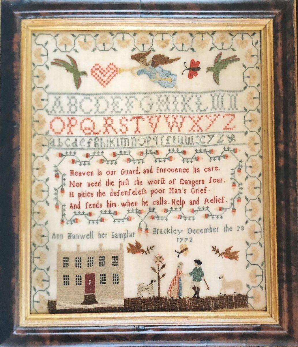 Ann Hanwell finished her sampler, which features a couple in an idealised countryside scene, on 23 December 1772. Ann's family came from Kidlington, Oxfordshire, 17 miles away from Brackley, where she attended a small school. She was born in 1763 to Thomas Hanwell and Mary Hill