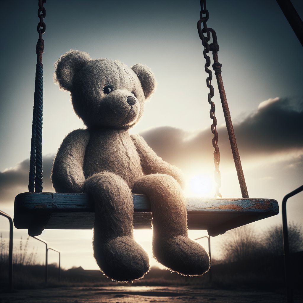 'A solitary teddy bear, sitting on an old wooden swing in the muted glow of a setting sun. The bear's worn-out and faded fur hints at a long forgotten childhood. Its glassy eyes stare off into the distant, cloudy horizon, as a lone
#AIArt #AI #chatgpt4 #dalle3 #OpenAi #AIFeelings