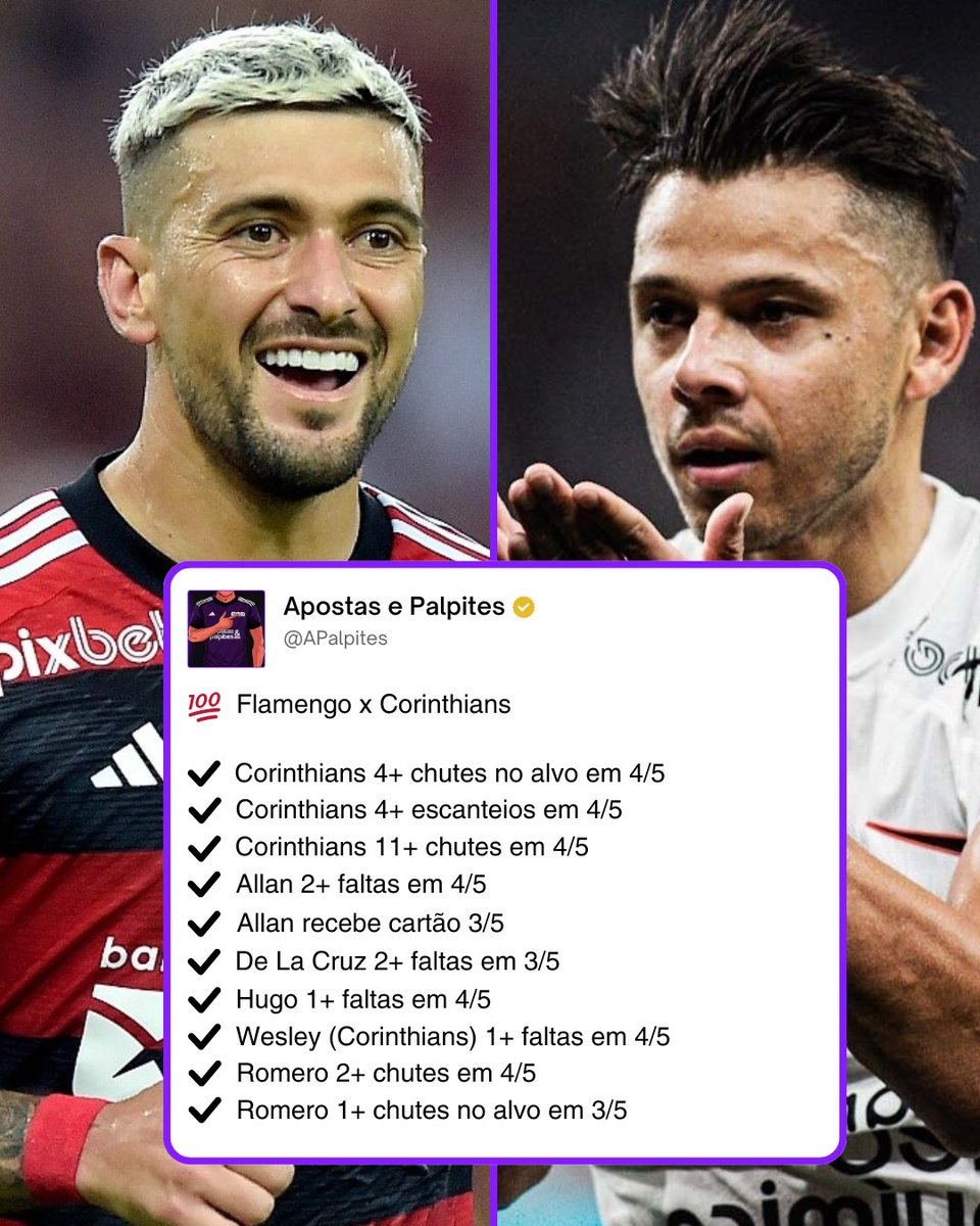 💯 Taxa de Acerto 🏟️ Flamengo x Corinthians Separei os dados desse jogaço do Brasileirão pra ajudar quem prefere montar o próprio palpite. Boa sorte.