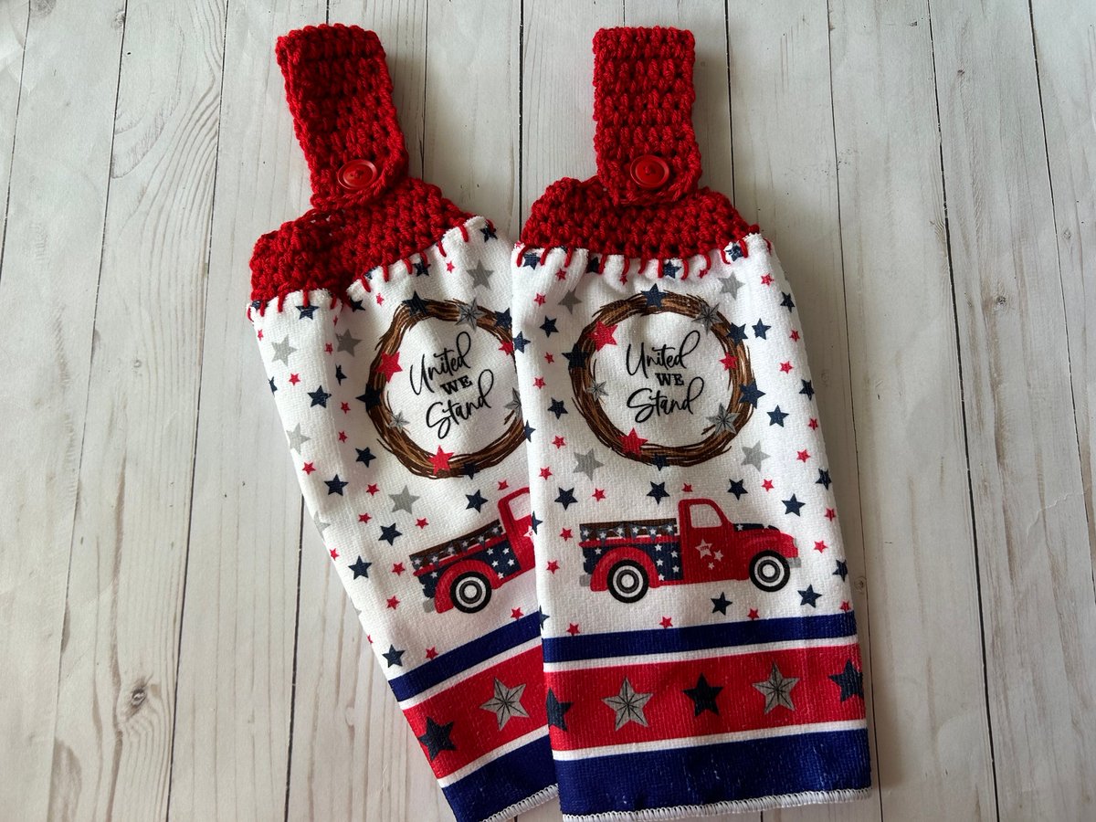 Patriotic kitchen towels, USA Red Truck Kitchen towels tuppu.net/7042b070 #craftshout #craftbizparty #CrochetTopTowel