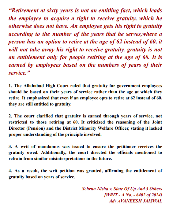 Adv_Avaneeshjai's tweet photo. Gratuity for government employees should be based on their years of service rather than the age at which they retire. 

#Delhihighcourt #Supremecourt #Judicialserviceexam #Allahabadhighcourt https://t.co/PotXvoSJpv