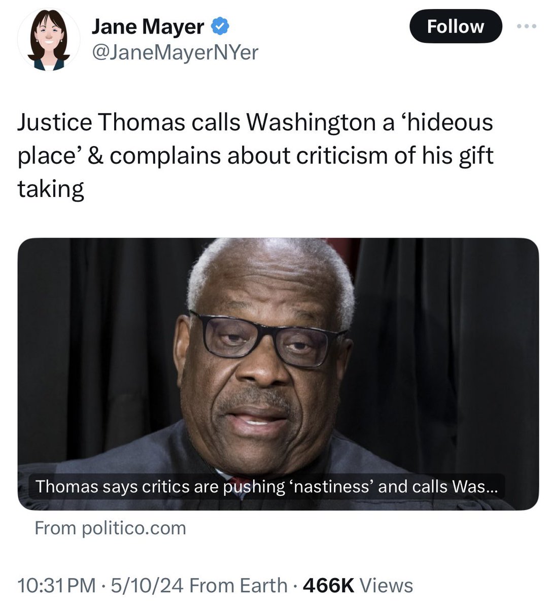 Clarence Thomas hears election cases while his wife conspired to overthrow democracy. He took free trips, gifts, tuition and even a free RV from a shadowy billionaire. Crooked clarence is corrupt as hell and should resign from the Supreme Court.