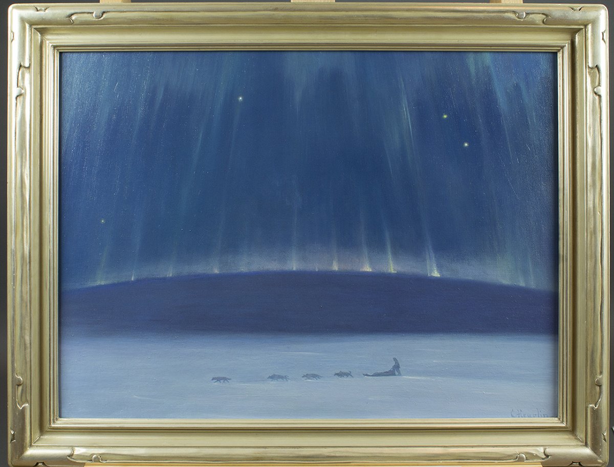 Undated, untitled painting of a musher beneath the northern lights, oil on canvas by Magnus Colcord 'Rusty' Heurlin (1895-1986). Via Anchorage Museum. #alaskahistory #alaska