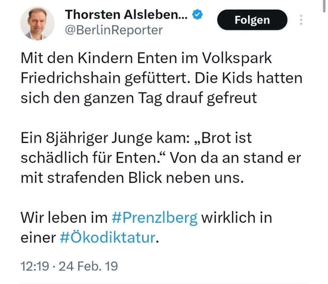 Die ganze Tragödie des @BerlinReporter. 
1. Weiß er nicht, dass das Fütterverbot auf einer Verordnung des @CDU Senat beruht (wg Umweltschäden und Virenverbreitung)
2. Dann regt er sich auf twitter über ein Kind auf, das ihn daran erinnert! 
FAKTENIGNORANZ + DREISTIGKEIT = @insm