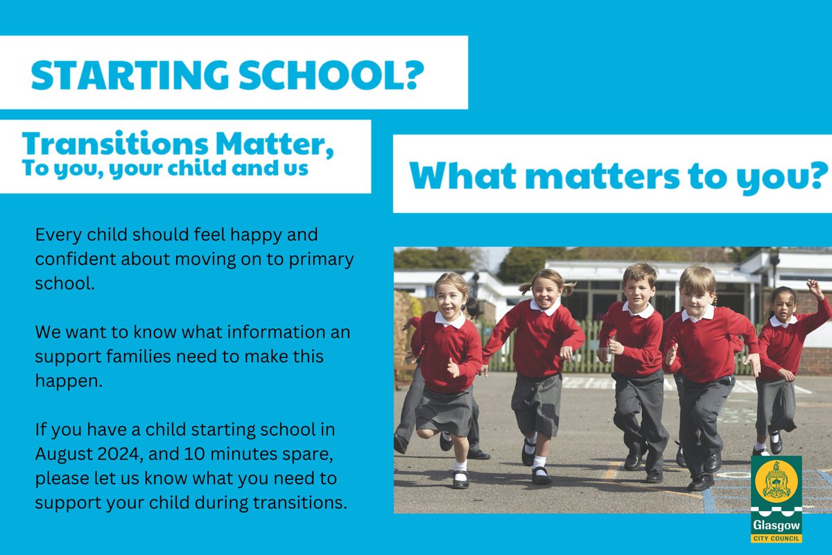 Do you have a child moving onto primary school? <a href="/GlasgowNurture/">GCC Nurture</a> wants to know how they can make this experience a successful and happy one for all children in Glasgow. 

Fill in the questionnaire to let us know what you think bit.ly/4dCJqA6

#SchoolTransitions #Nurture