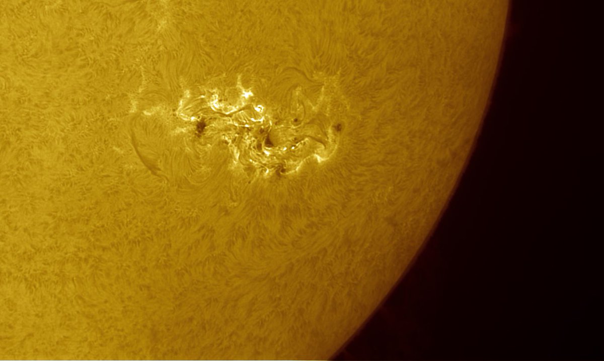 Earlier yesterday, managed to point the @radleyphysics Quark filter at the spot in question. Whopper. False colour + Stack of about 30 secs video (moderate seeing - quite a lot of moisture around) Ha 5nm pass. Quark Chromosphere + Evolux 60 (400mm) Zwo 174MM