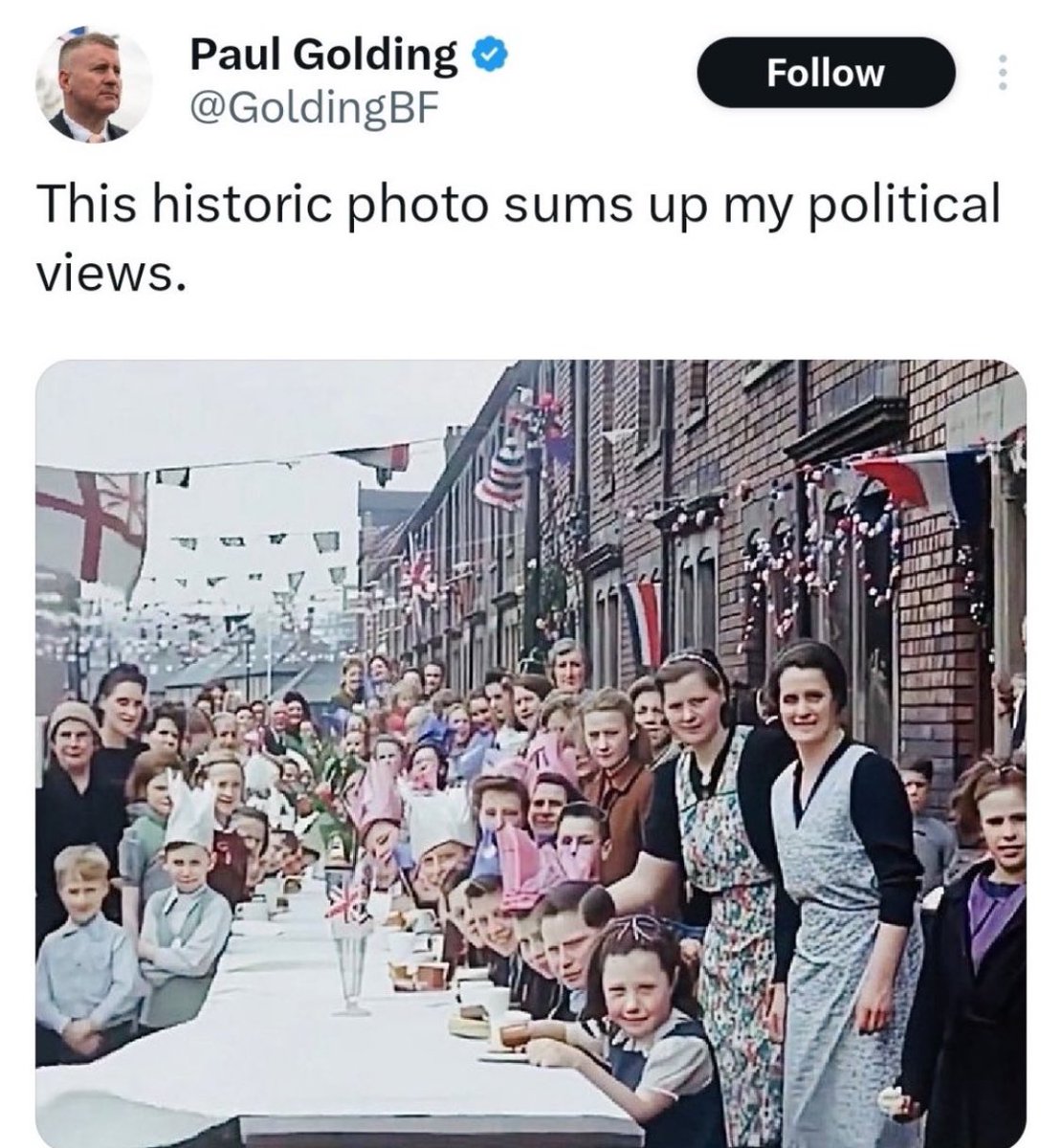 Only white people, women in aprons, gay people put in prison, higher infant mortality rate, rationing. Only he would have been on the losing side for this celebration.