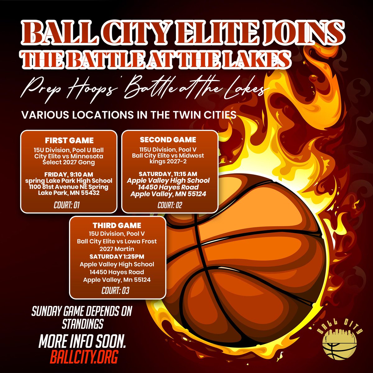 Ball City Elite's schedule for the @thephcircuit's Battle at the Lakes 2024.
We look forward to seeing you! Let's go Ball City!!

#BallCity #BallCityNation #BallCityFamily #BiggerThanBasketball #teamworkmakesthedreamwork #allforoneoneforall #basketball #aaubasketball #aau