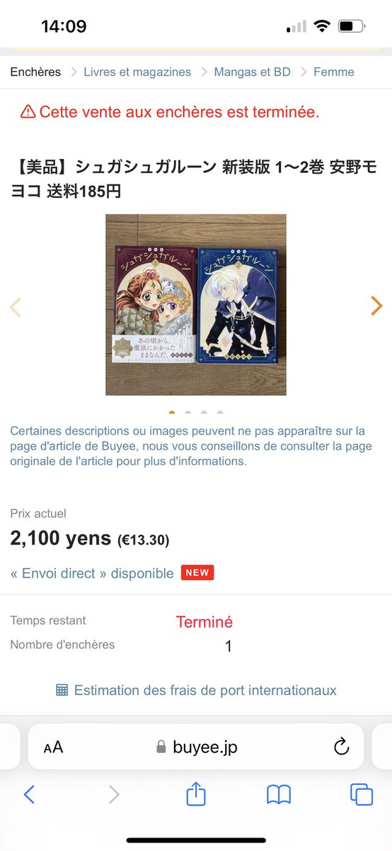 j’ai gagné cette enchère je suis trop contente les tomes sont tellement durs a trouver a part le 1