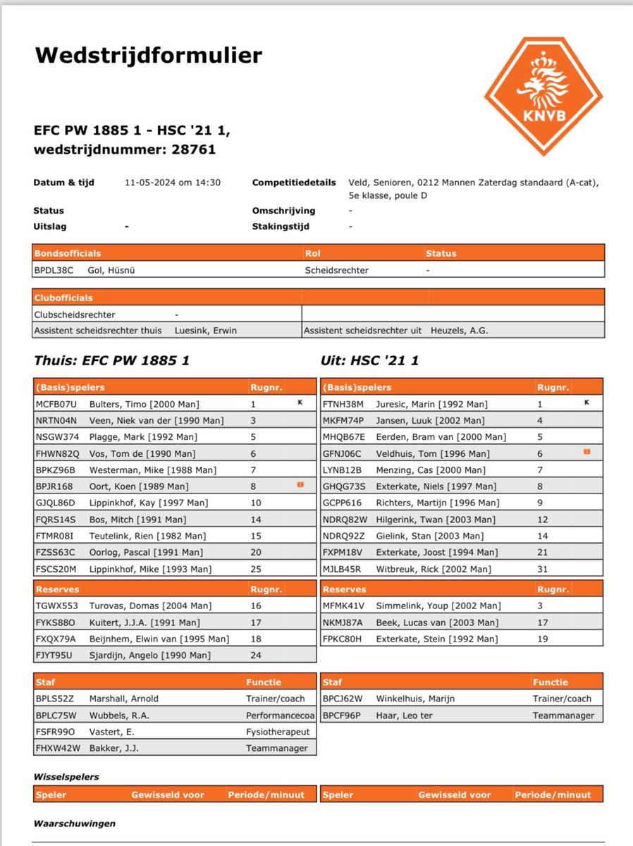 Om 14:30 <a href="/Efcpw/">EFC PW 1885</a> - HSC’21 zaterdag 1. Hierbij de opstelling.