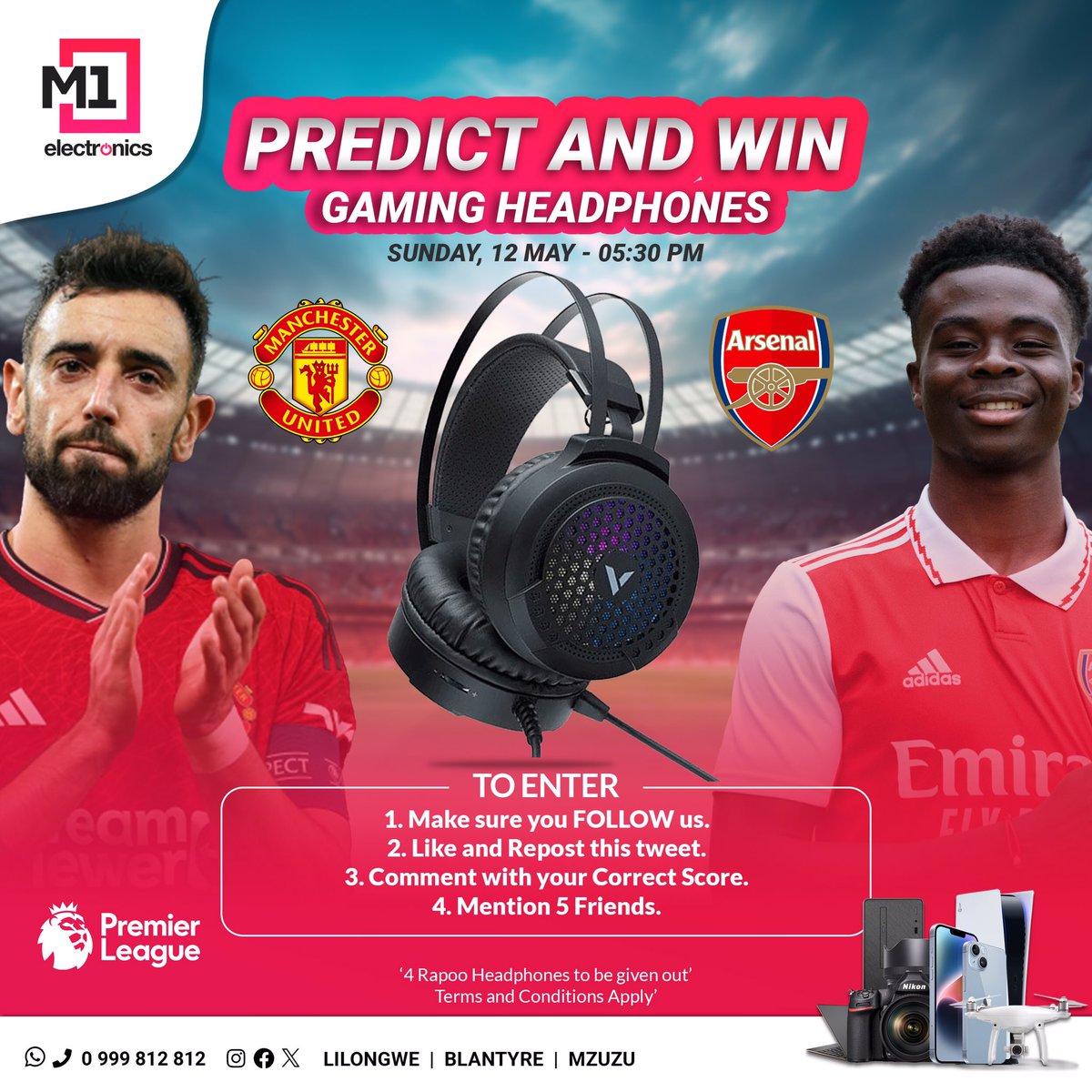 It's the battle of the titans! Predict the score for Man U vs. Arsenal game and stand a chance to win amazing prize. Don't miss out on the action! #Rapoogamingheadphones #M1electronics #ManUvsArsenal #PredictAndWin #PremierLeague #BattleOfTheTitans