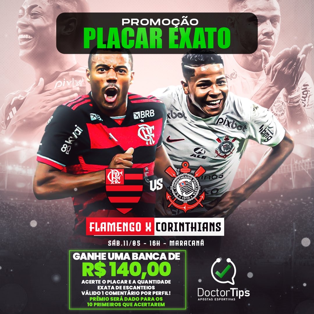 🤑 PROMOÇÃO PLACAR EXATO

Você já sabe!

🎯 Vou dar uma BANCA de R$140,00 pra quem acertar o PLACAR e o número de ESCANTEIOS de Flamengo x Corinthians! Jogo é às 16h, hoje.

⚠️ Pra participar, tem que CURTIR e RETWEETAR esse post