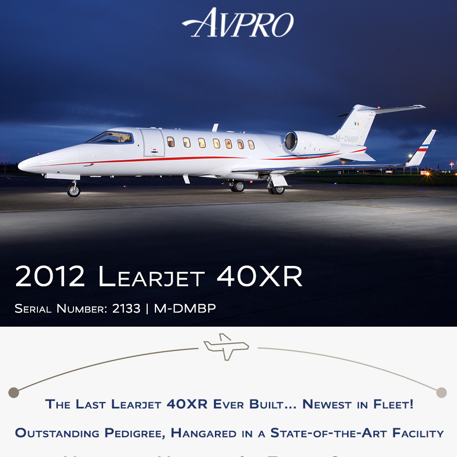 Best in class - 2012 #Learjet #40XR available at Avpro
New paint - 2021
More details at: pxl.to/vu5izvwj
#bizav #aircraftforsale #privatejet #privateflying #jetforsale #businessaviation

Join our mailing list here: pxl.to/rkbdzzn