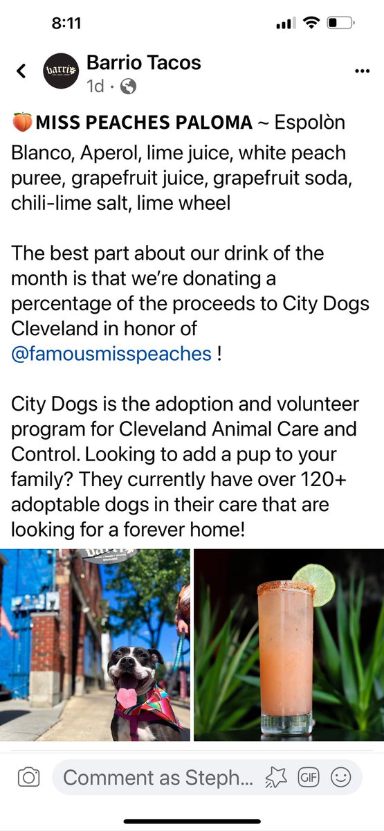 Here's a fundraiser to get excited about! Many know and love #MissPeaches &amp; now she has a drink named in her honor for May at Barrio Tacos. 

Best of all, some of the proceeds benefit Friends of CITY DOGS Cleveland! Thanks so much for helping out our pups! 
🐶🍑