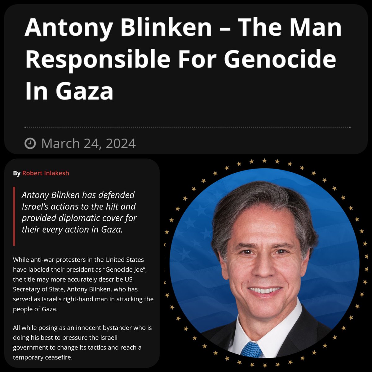 This is Antony Blinken's Genocide ● Blinken set a policy for a Genocide ● Blinken protects Israel's ability to do Genocide for 7 months ● Blinken's UN Ambassadors 5 times blocked ceasefires to stop a Genocide ● Blinken says he's not doing a Genocide when he absolutely is!