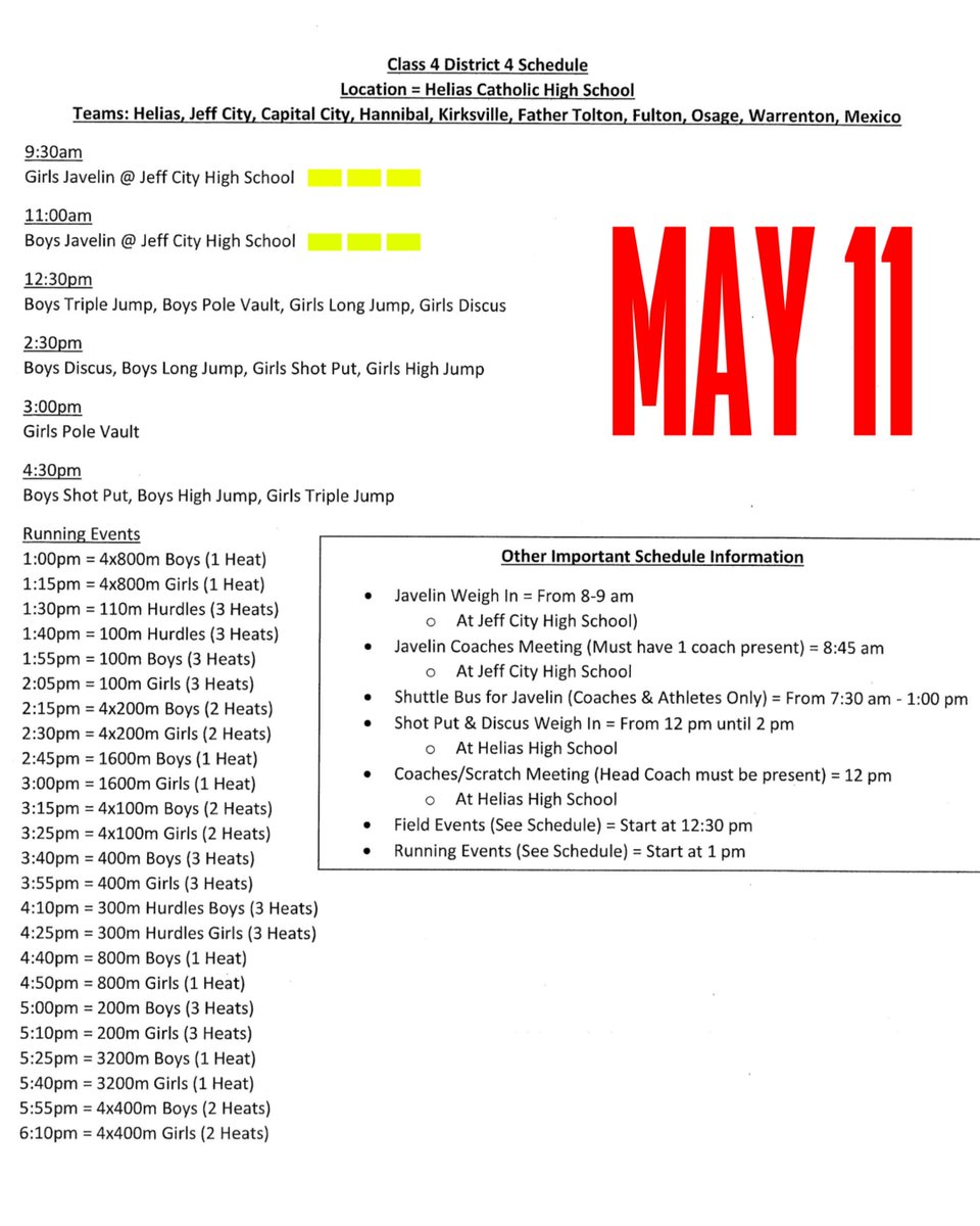 Time schedule for today's district track meet at Helias.
