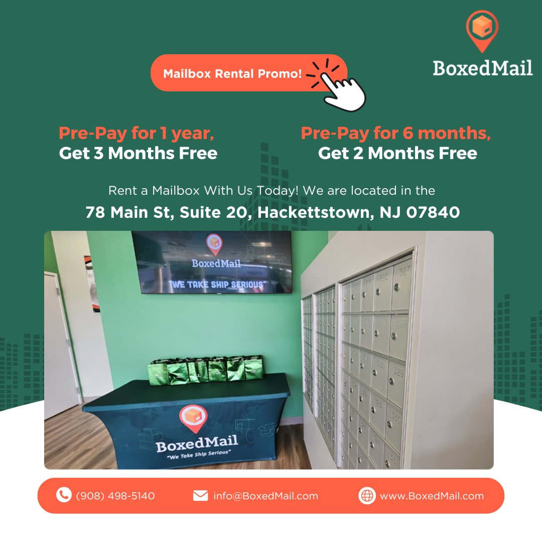 Boxedmails's tweet image. 📫 Mailbox Rental Promo! - BoxedMail 📦

Pre-Pay for 1 year,
Get 3 Months Free 🎉

Pre-Pay for 6 months,
Get 2 Months Free 🎈

Rent a Mailbox With Us Today! We are located in the 78 Main St, Suite 20, Hackettstown, NJ 07840 🏠

#MailboxRental #BoxedMail #MailboxService