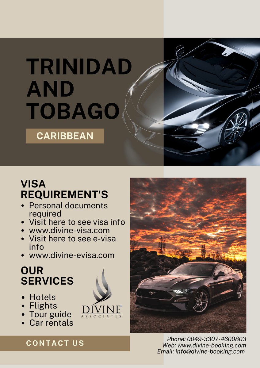 Discover Trinidad and Tobago Caribbean with Divine Associates Ltd. Visa, car rental, hotel booking, and expert tour guide services available.  
#DivineTravel #Caribbean #TRINIDAD #VisaServices
