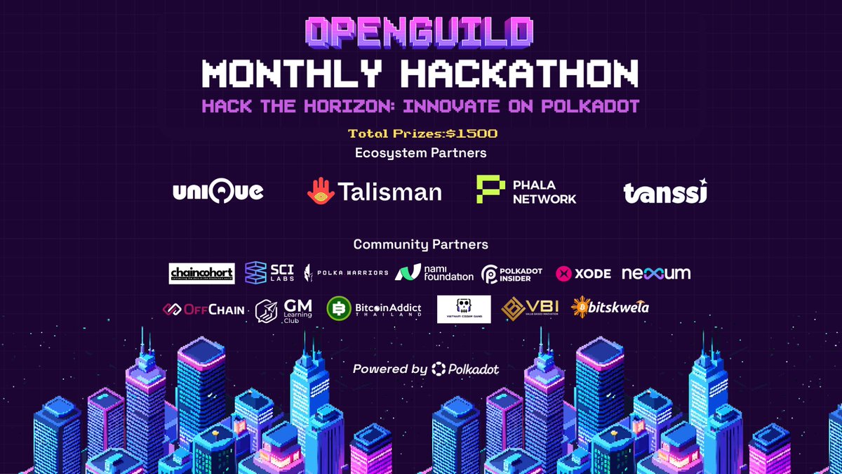 We're thrilled to welcome you to the first online hackathon organised by OpenGuild! It is a series of monthly mini-hackathons sponsored and organised by OpenGuild, aiming to provide opportunities for programmers to become familiar with developing applications on the Polkadot