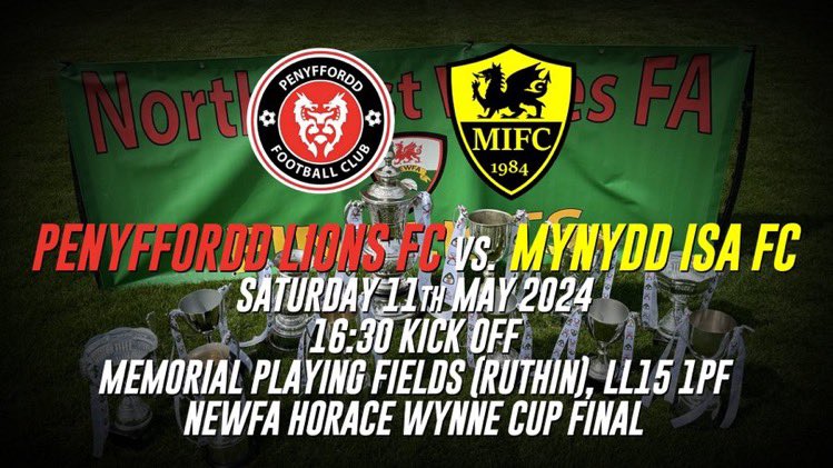 Cup Final Day! @MynyddIsaFC v @penyfforddfc @NEWalesFA Horace Wynne Cup Final! A fab day for it (nicer for the spectators I’m guessing 🥵) Our team will be fully hydrated & ready to give it our all. Bring your best cheering voices, we want to create an unforgettable atmosphere