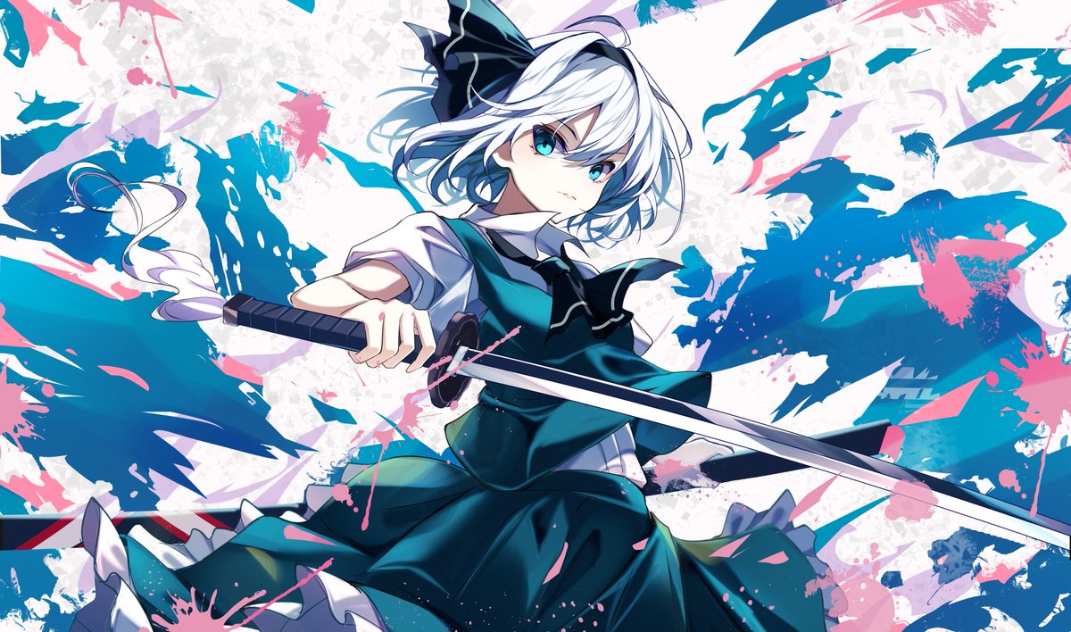 konpaku youmu 1girl solo looking at viewer short hair blue eyes shirt skirt  illustration images