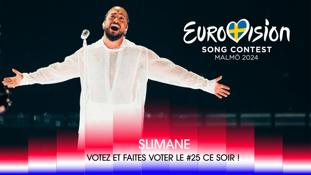 Votez et faites voter #25 ce soir pour soutenir @Slimaneoff et rendez-vous sur @france2 dès 21h00 pour suivre la finale de l' @Eurovision avec @bernstephane et #LaurenceBoccolini #Eurovision2024 @EurovisionF2