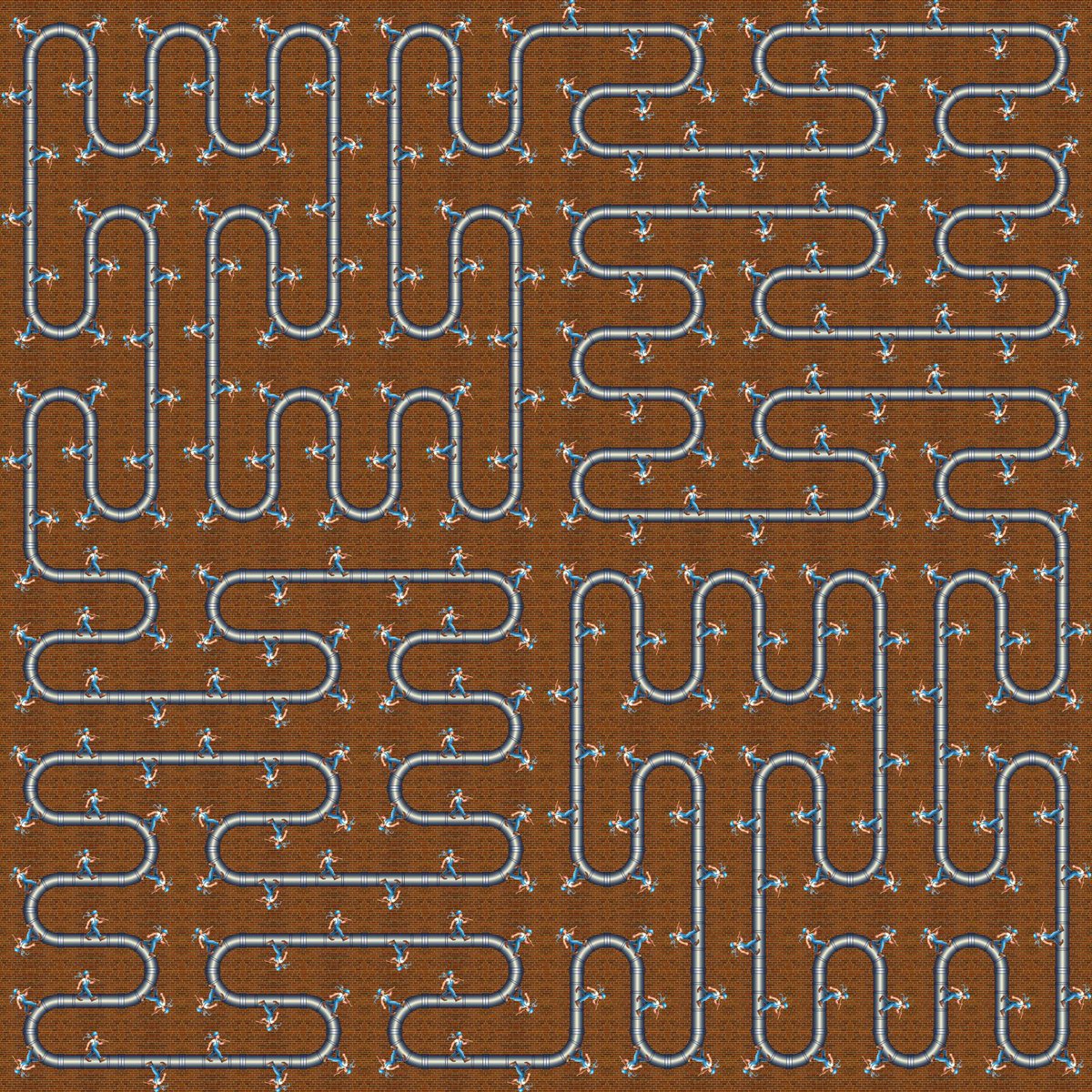 Four space filling Peano curves can be concatenated to create a single curve. A total of 24 square images are input in a checkerboard tessellation. The plumber is made by #CoPilot. #mcescher #escherart #escher #mathart #digitalart #peano #curve #path #fractal #Tissellator