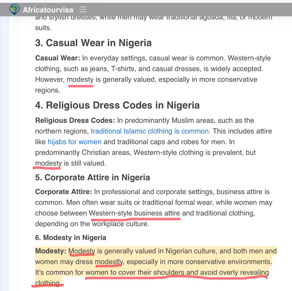 @Fibutton Obviously no one googled what women should wear when visiting Nigeria for her as every site comes up - modesty. Example below