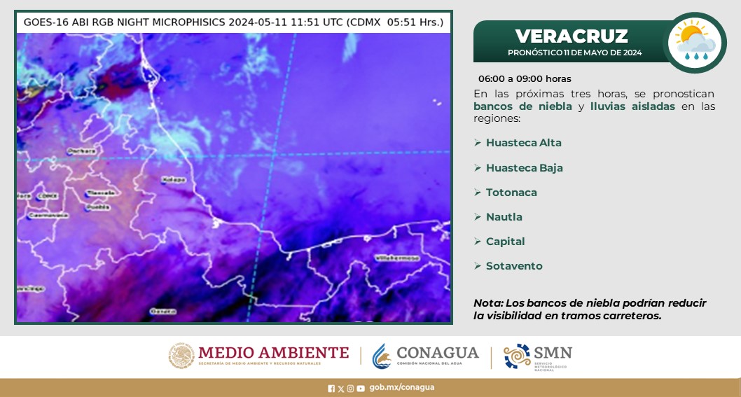 conagua_clima's tweet photo. 🌧️🌫️En regiones del occidente y sureste de #México, además de #Veracruz, se pronostican #Lluvias aisladas y bancos de #Niebla durante las próximas tres horas. Más información en las imágenes 👇 https://t.co/1pbegNG90N