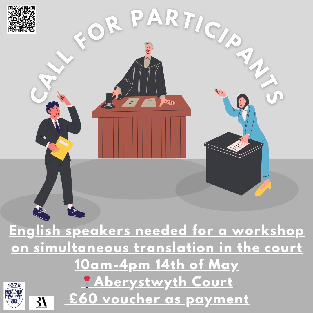 We're looking for mock jurors for an interpretation workshop on the 14th of May. A chance for a £60 voucher, free lunch and an interesting day! Register by scanning the QR code or following this link: forms.office.com/e/8wfRwbUTFg