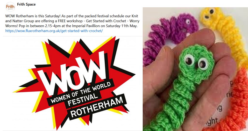 #saturdayvibes with Frith Space Join the Knit and Natter group at 2.15pm - crochet your very own #worryworm 🪱 #WOWRotherham #WOWFestival #crochet #CommunityUnity