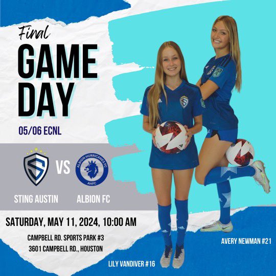 It’s been a fun and exciting season, but we run it back one last time.  Final game of the season vs. <a href="/AHFC06ECNL/">Albion U18G ECNL (2005/2006)</a>!!! <a href="/UHCougarSoccer/">Houston Soccer</a> <a href="/RiceSoccer/">Rice Soccer</a> <a href="/RiceBrianLee/">Brian Lee</a> <a href="/lrvera/">Lindsay Vera</a> <a href="/TSU_WSoccer/">TSU Women's Soccer</a> <a href="/LamarWSoccer/">Lamar Soccer</a> <a href="/theNathanK9/">Nathan Kogut</a> <a href="/ImCollegeSoccer/">College Soccer Truth ™</a> <a href="/ImYouthSoccer/">ECNL/GA/Recruiting/College Soccer</a> <a href="/sting_austin/">Sting Austin</a>