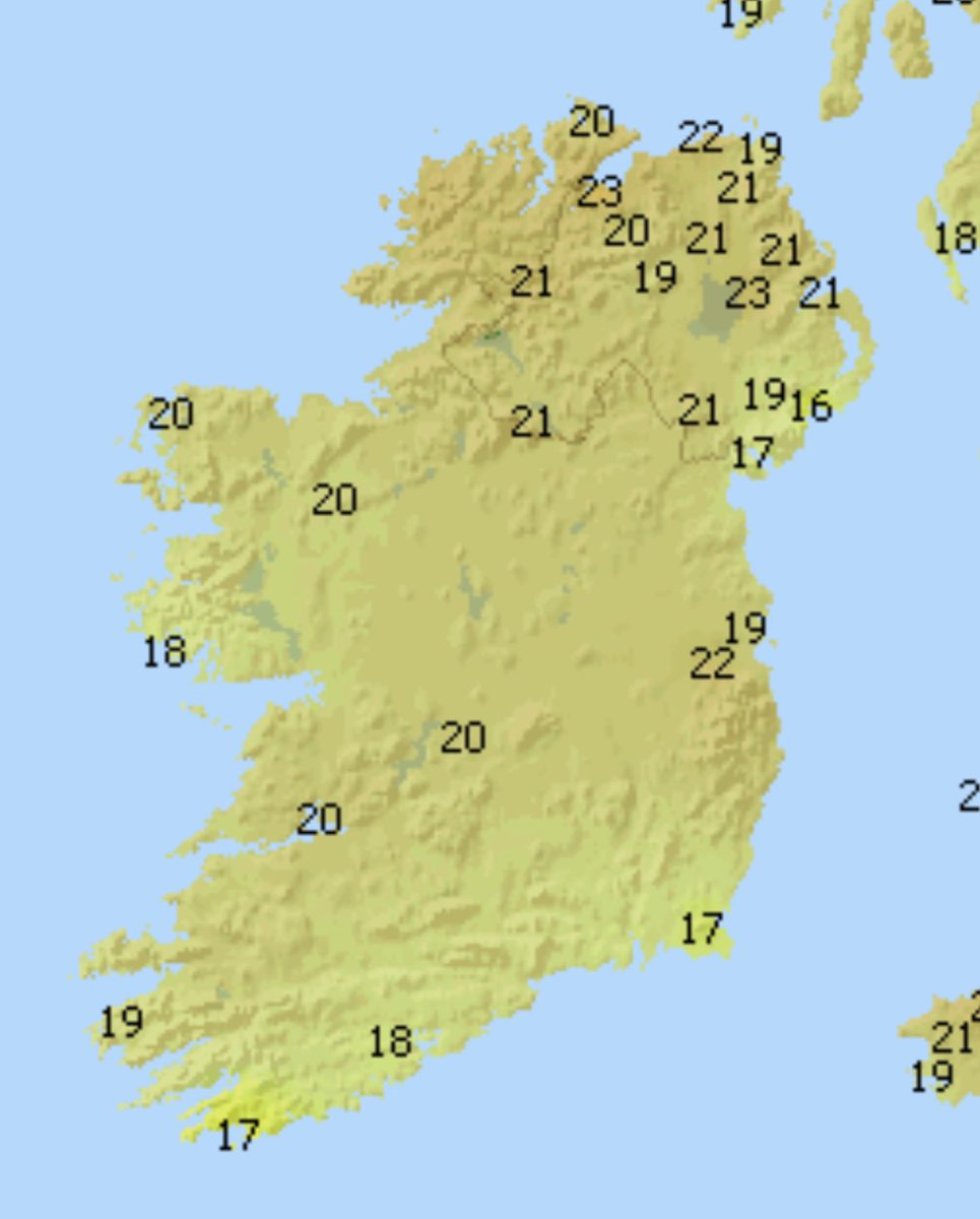 It’s another very warm day. Up to 23C in a few spots at 13:00. Cooler around the coasts.