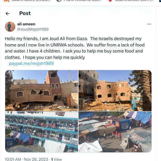 #SpotTheScammer @JoudMojsh1989 - another ghoul claiming to be in Gaza. In November, 'her' name was Joud Ali; in March it became Sarah. Now it's Ali Ameen in the screen name - and Alia Amin in the tweets. Bio states they are a proud 'son of Gaza' - who now claims to be…