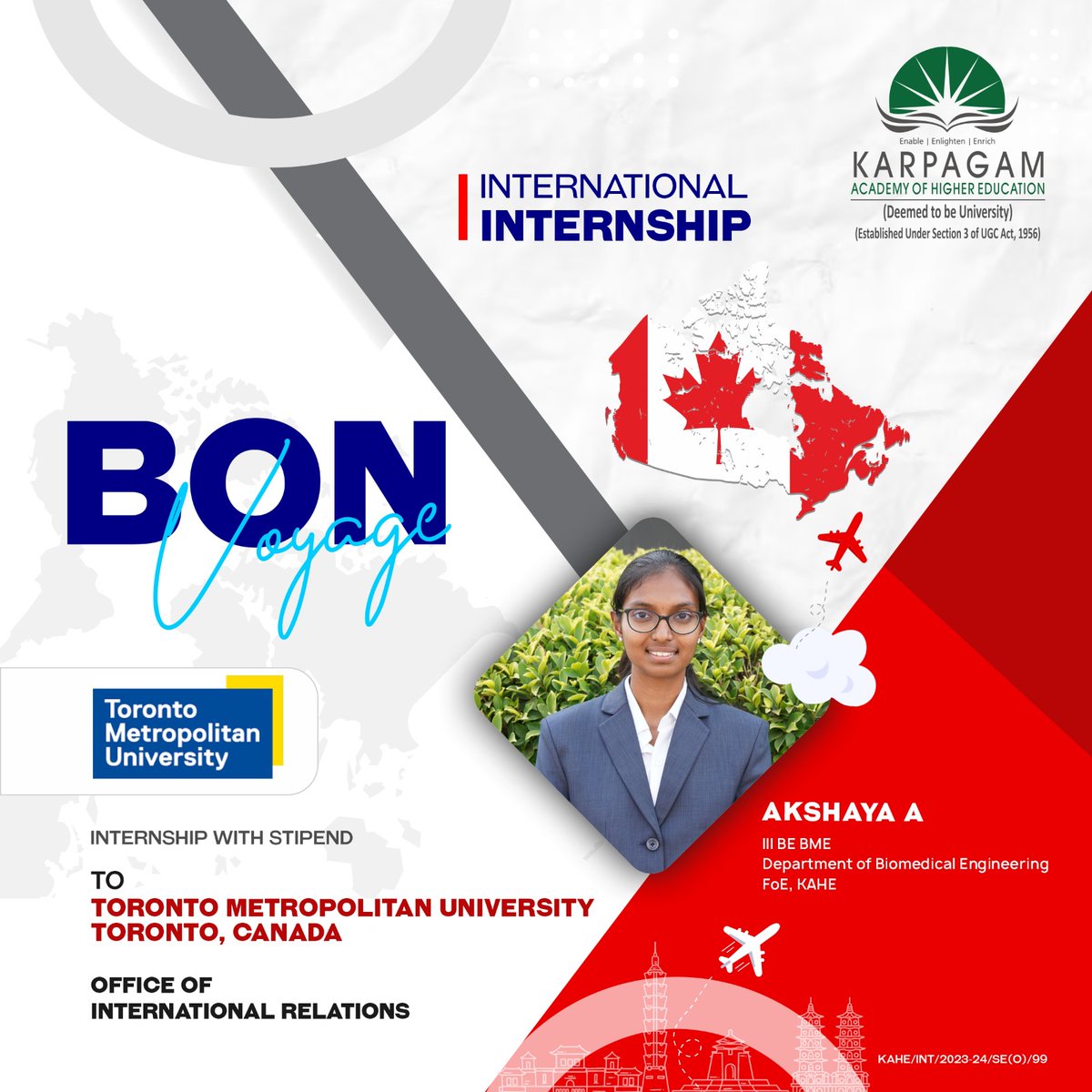 We are thrilled to share the exciting news that our student, Akshaya A, a third-year student in the Department of Biomedical Engineering, has secured an internship with a stipend at Toronto Metropolitan University, Toronto, Canada. StudentAchievement.#BiomedicalEngineering