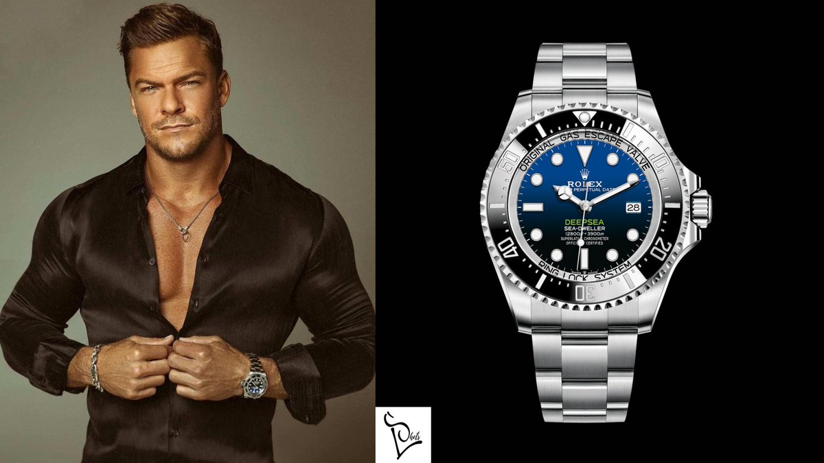 American actor #AlanRitchson is wearing a #rolex Deepsea Sea-Dweller 'James Cameron' in stainless steel. This 44mm timepiece features a blue to black gradient dial that embodies the essence of the big blue sea. It has a water resistance of more than 12,000 feet. Retail : $14,460