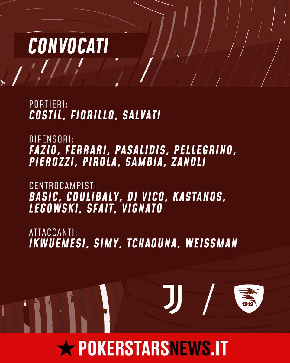 📄 I convocati per Juventus - Salernitana👇 #JuventusSalernitana #macteanimo #forzagranata #salernitana #uss1919