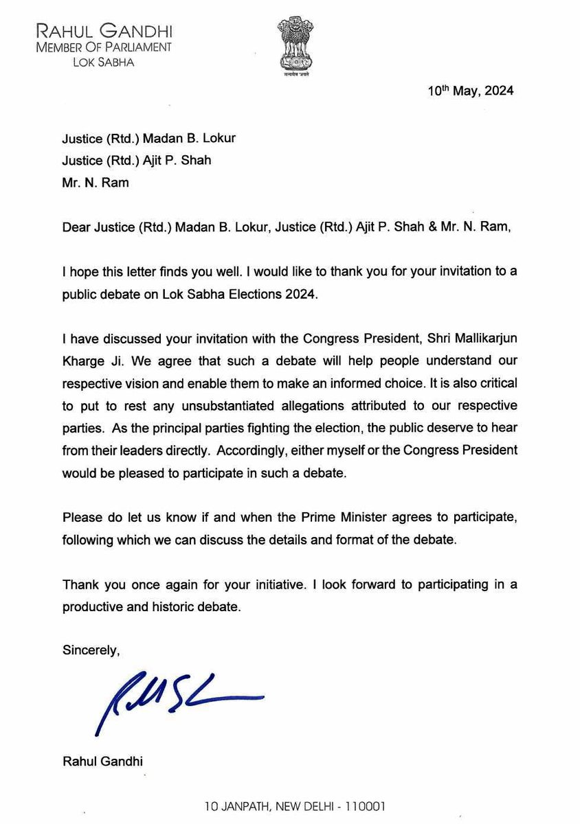 Mr @RahulGandhi : A debate will help people understand our respective vision & enable them to make an informed choice It is also critical to put to rest any unsubstantiated allegations attributed to our respective parties Public deserve to hear from their leaders directly 👇🏼