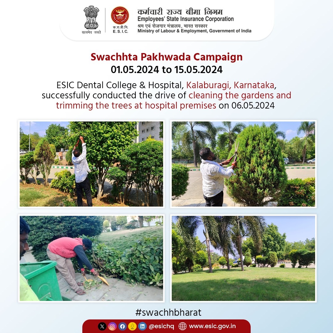 The Swachhta Pakhwada Campaign (01.05.2024 to 15.05.2024) aims at promoting conscience towards cleanliness, by conducting several activities and awareness programmes. 

#ESICHq #SwachhBharat #SwachhtaPakhwadaCampaign #GreenBharat #Karnatka