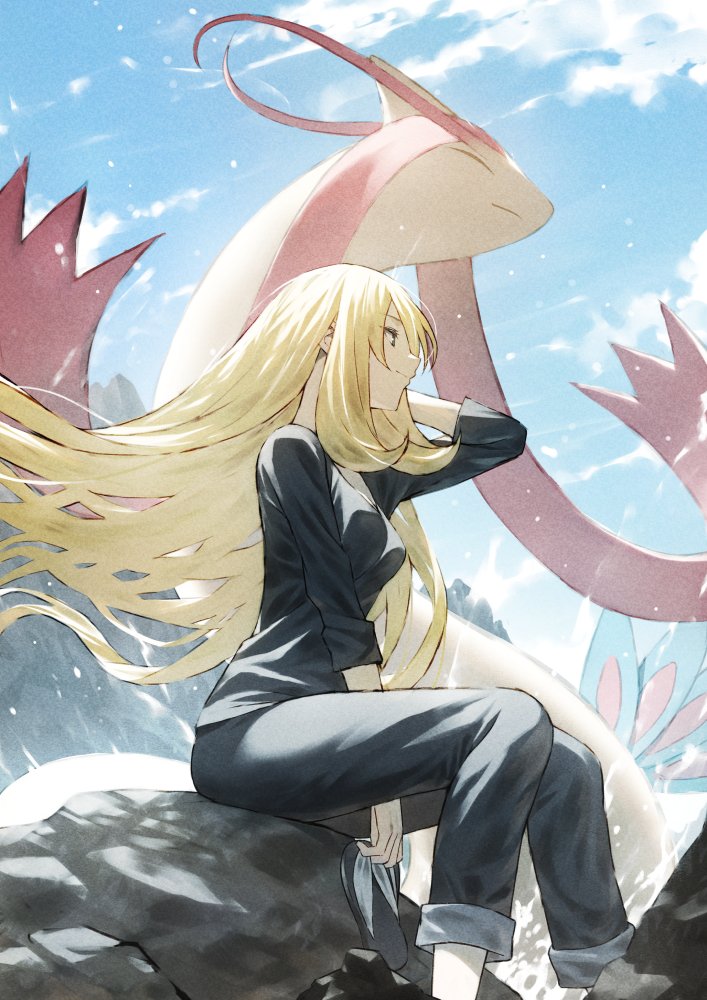 cynthia (pokemon) ,milotic 1girl long hair smile shirt blonde hair long sleeves holding  illustration images