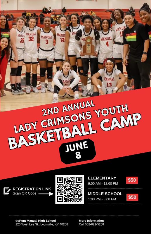 Excited to announce our 2nd annual Co-Ed youth camp 

Grades K-8

Online Registration
June 8th 
Elementary 9am-12pm
Middle School 1pm-3pm

📍duPont Manual High School Main gym 
(L.J. “Butch” Charmoli Stadium)

Registration Link: docs.google.com/forms/d/e/1FAI…
