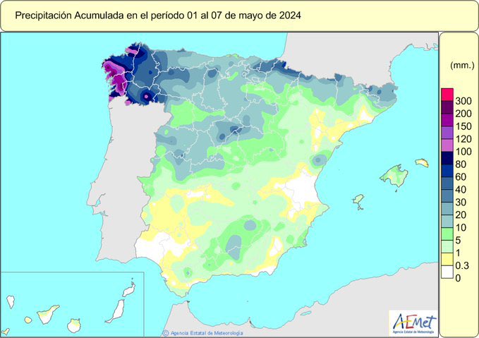 ☔️☔️ La primera semana de #mayo trajo lluvia pero de manera muy desigual con cantidades importantes en el Cantábrico y noroeste, más discretas en otras zonas del interior y escasas en el suroeste, Mediterráneo y Canarias.