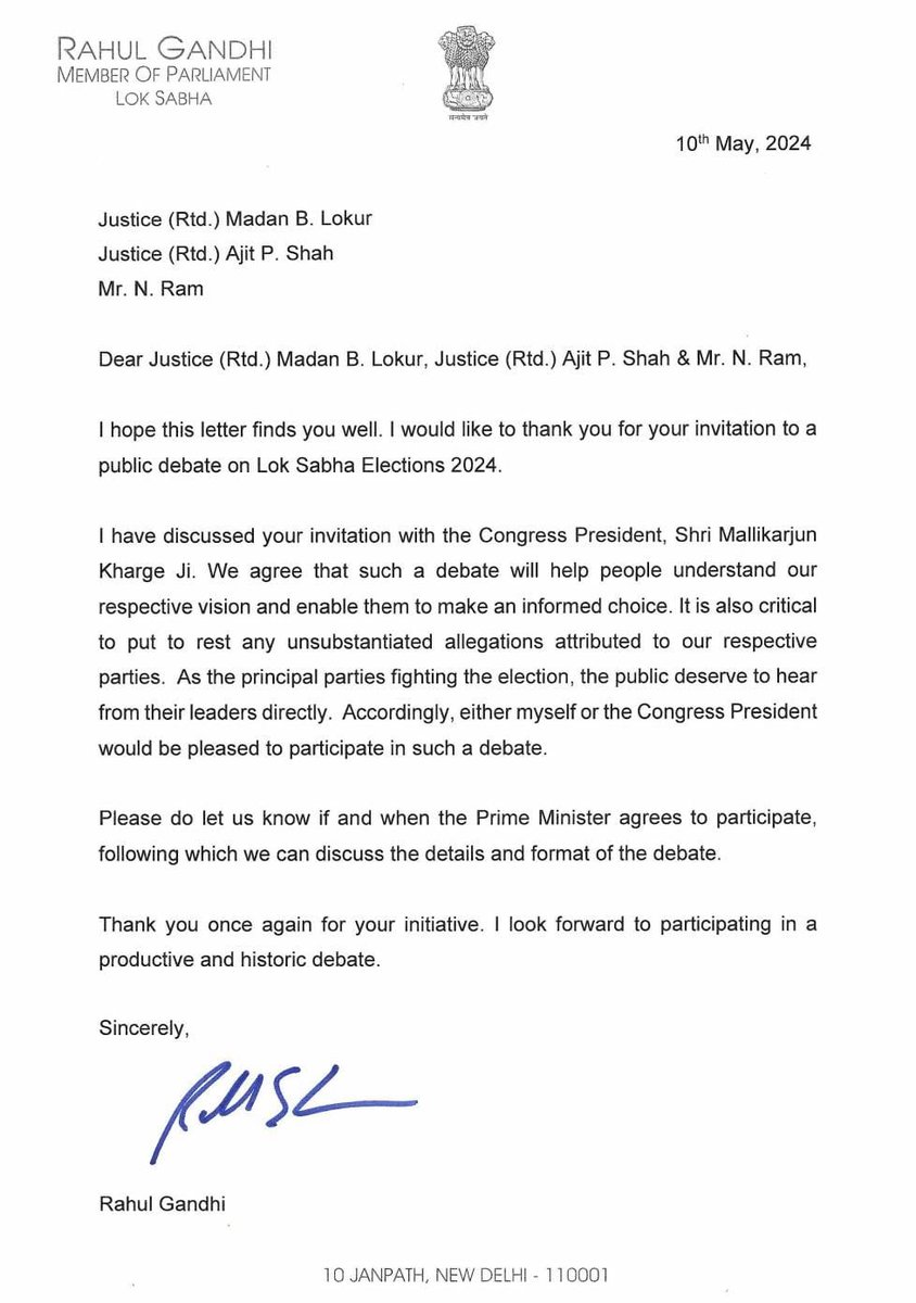 Our leader @RahulGandhi accepts the invitation of a debate, from the Justice (Retd) Sri Madan B Lokur, Justice (Retd) Ajit P Singh and Mr N Ram, with the Prime Minister. Either Rahul Ji or the @INCIndia President @kharge Ji are ready to debate with the PM, as desired by the…